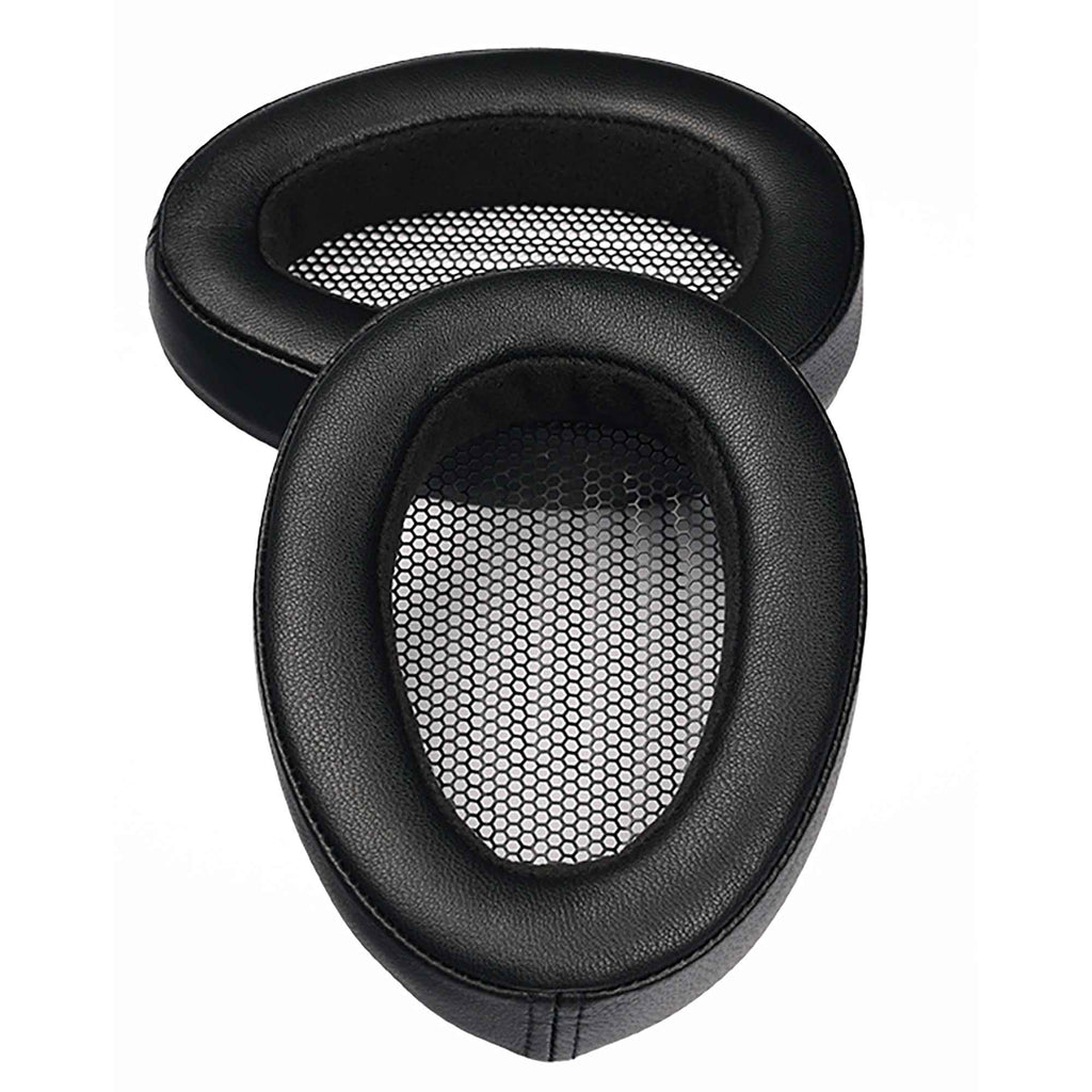 Pair of black Meze Elite / Empyrean Earpads with soft leather cushions and mesh inner lining on white background