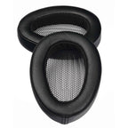Pair of black Meze Elite / Empyrean Earpads with soft leather cushions and mesh inner lining on white background