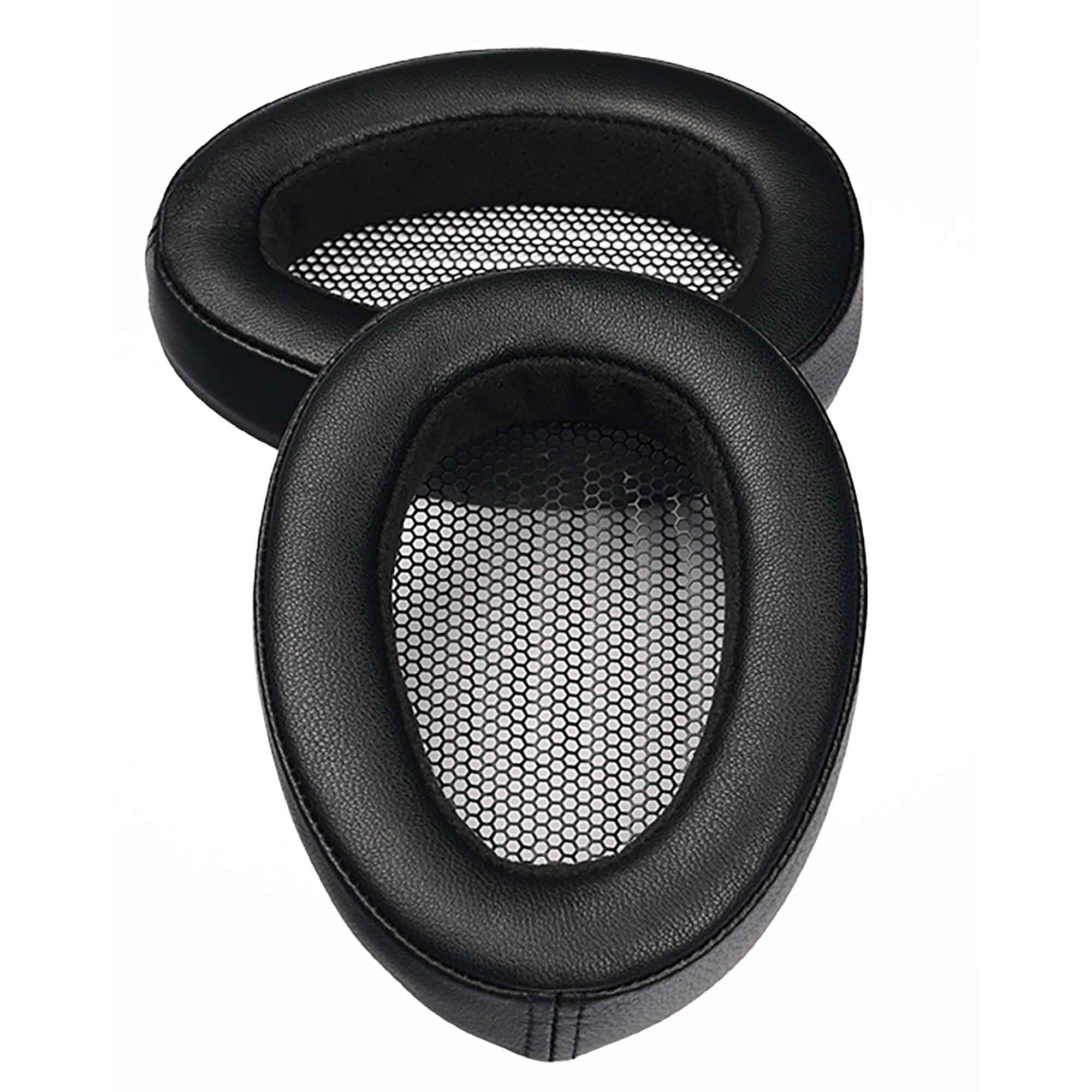 Pair of black Meze Elite / Empyrean Earpads with soft leather cushions and mesh inner lining on white background