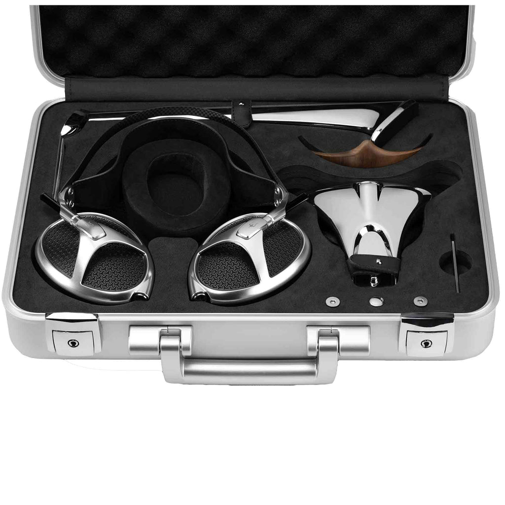 Meze Elite + Manta Chrome Bundle with silver headphones and chrome headphone stand in a high-strength aluminum suitcase case