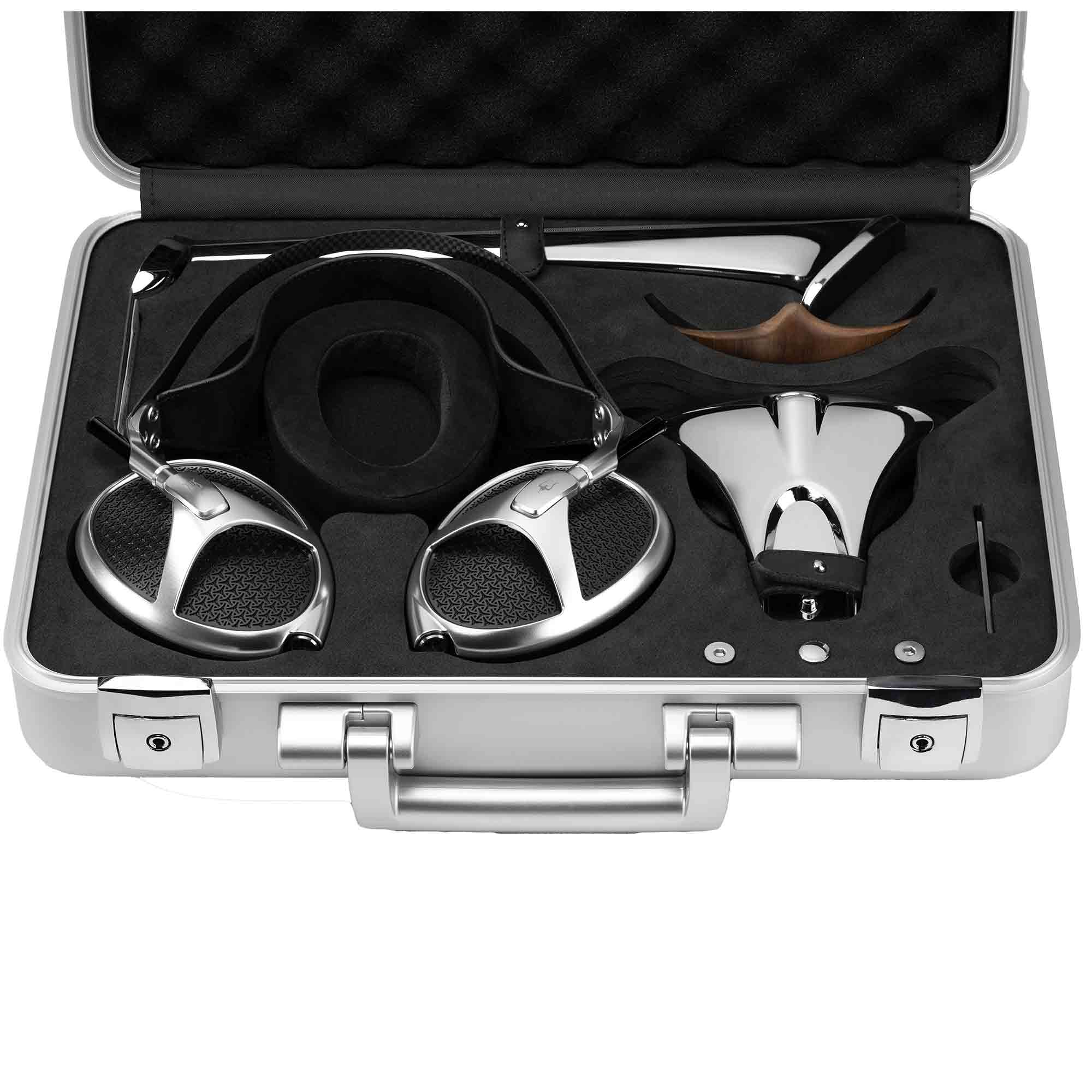 Meze Elite + Manta Chrome Bundle with silver headphones and chrome headphone stand in a high-strength aluminum suitcase case