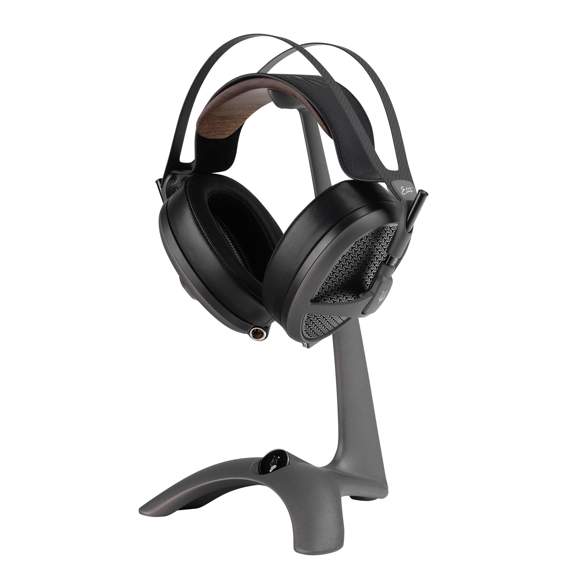 Meze Elite + Manta Tungsten Premium Bundle with black headphones displayed on tungsten finish Manta headphone stand on white background