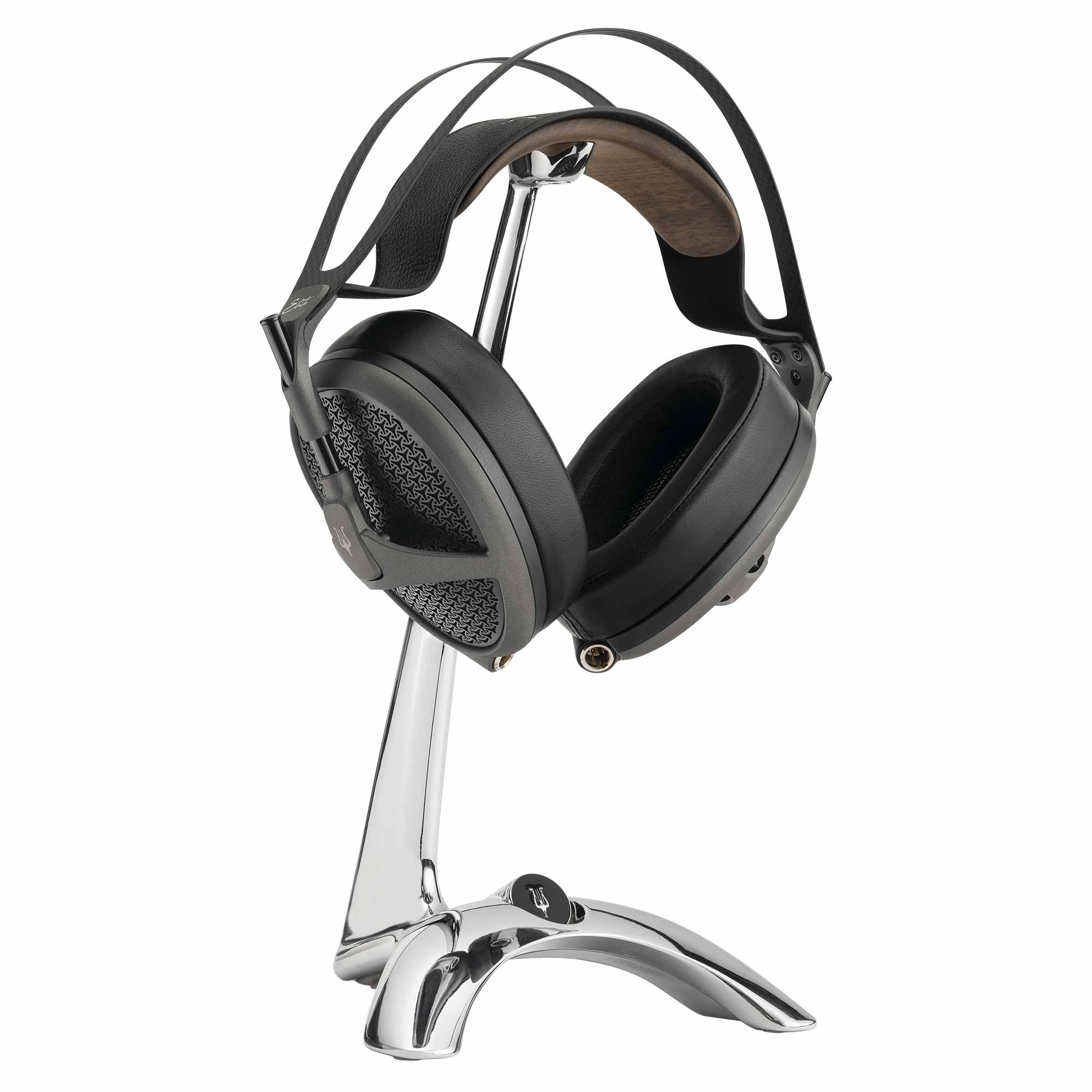 Meze Elite + Manta Chrome Bundle showing open-back headphones on chrome Manta headphone stand against white background