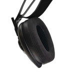 Close-up of Meze Elite / Empyrean Earpads in black alcantara and leather on headphone earcup with white background