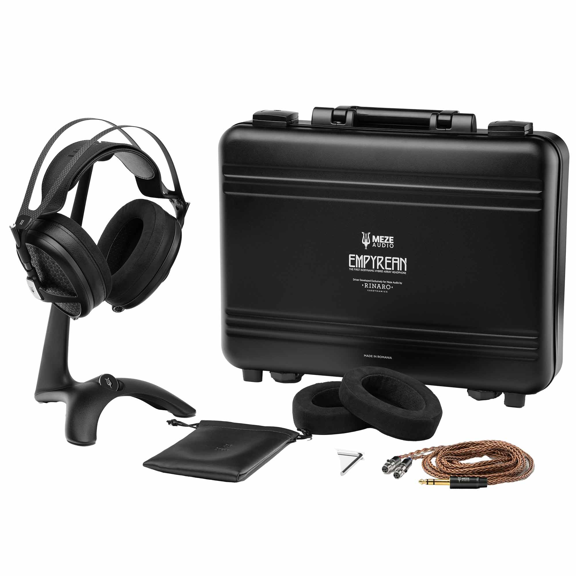 Meze Empyrean II + Manta Premium Package with headphones on stand, carrying case, extra ear pads, and copper cable on white background