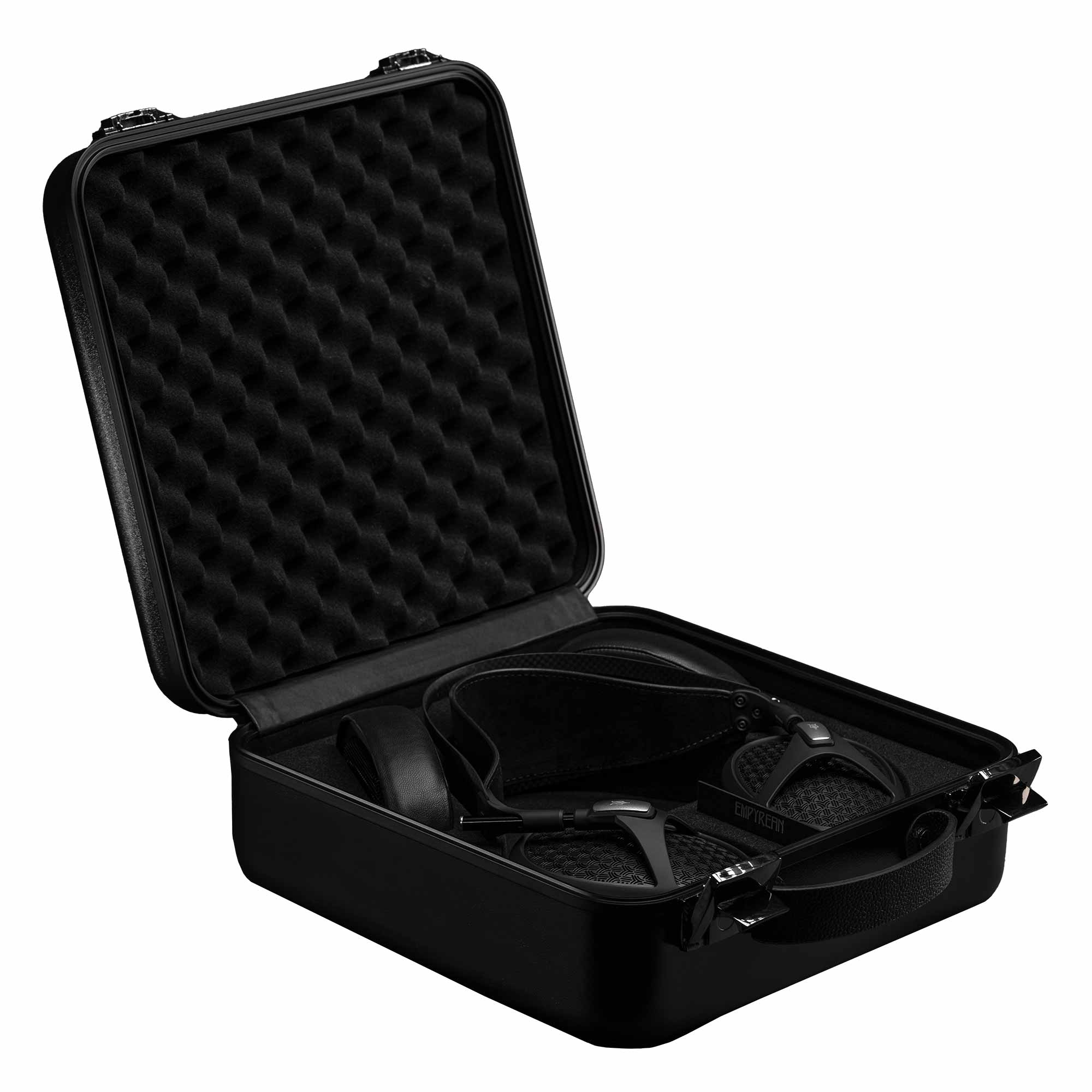 Meze Empyrean II Planar Headphones inside a black protective carrying case with foam padding on white background