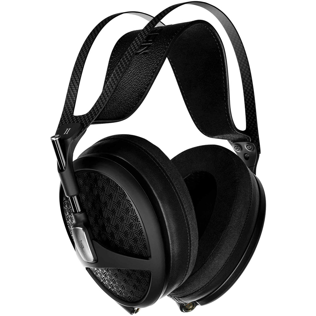 Meze Empyrean II Planar Headphones in black with padded headband and patterned open-back ear cups on white background