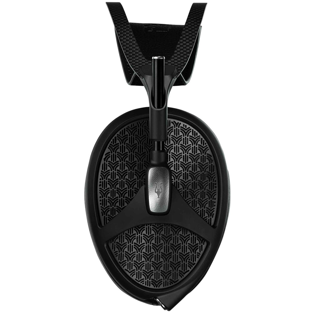 Close-up top view of the Meze Empyrean II Planar Headphones ear cup with intricate black pattern and matte finish