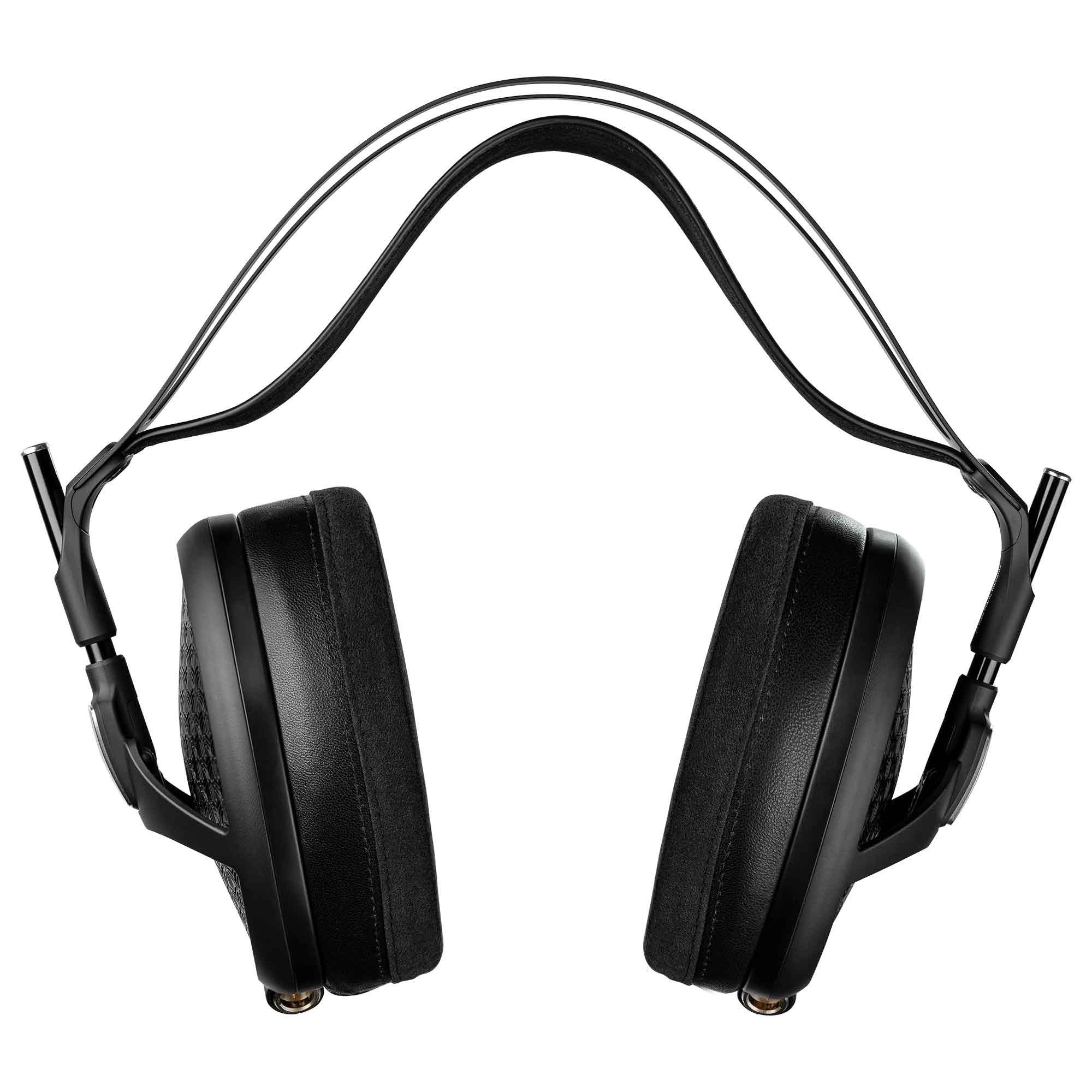 Meze Empyrean II Planar Headphones with black open-back ear cups and adjustable metal suspension headband on white background