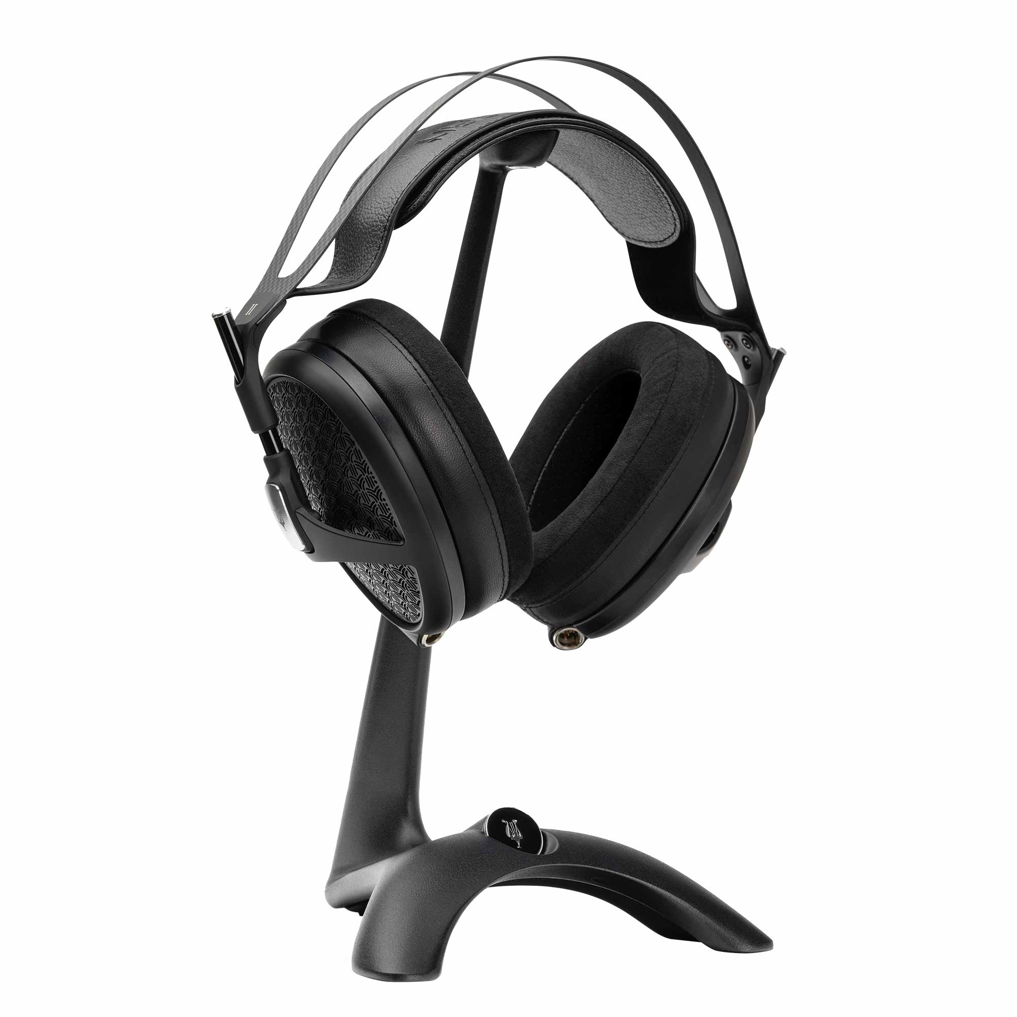 Meze Empyrean II + Manta Premium Package showing open-back headphones on black Manta stand with cable connector visible