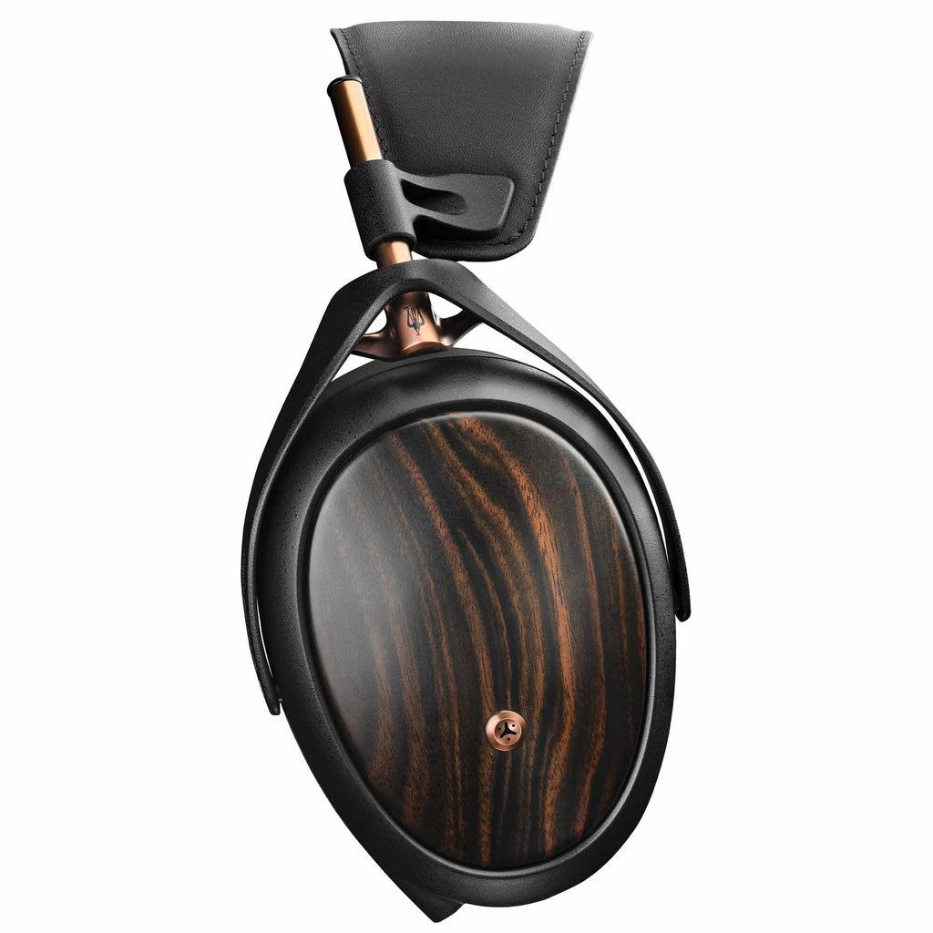 Meze LIRIC II Closed-Back Headphone with wood earcups and black frame isolated on white background