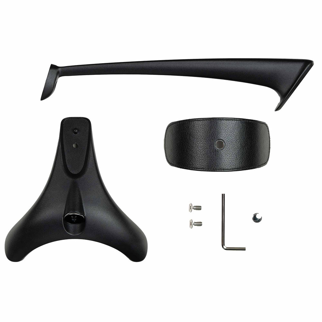 Meze Manta Headphone Stand parts including base, arm, leather strap, screws, and hex key on white background