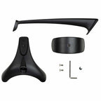 Meze Manta Headphone Stand parts including base, arm, leather strap, screws, and hex key on white background