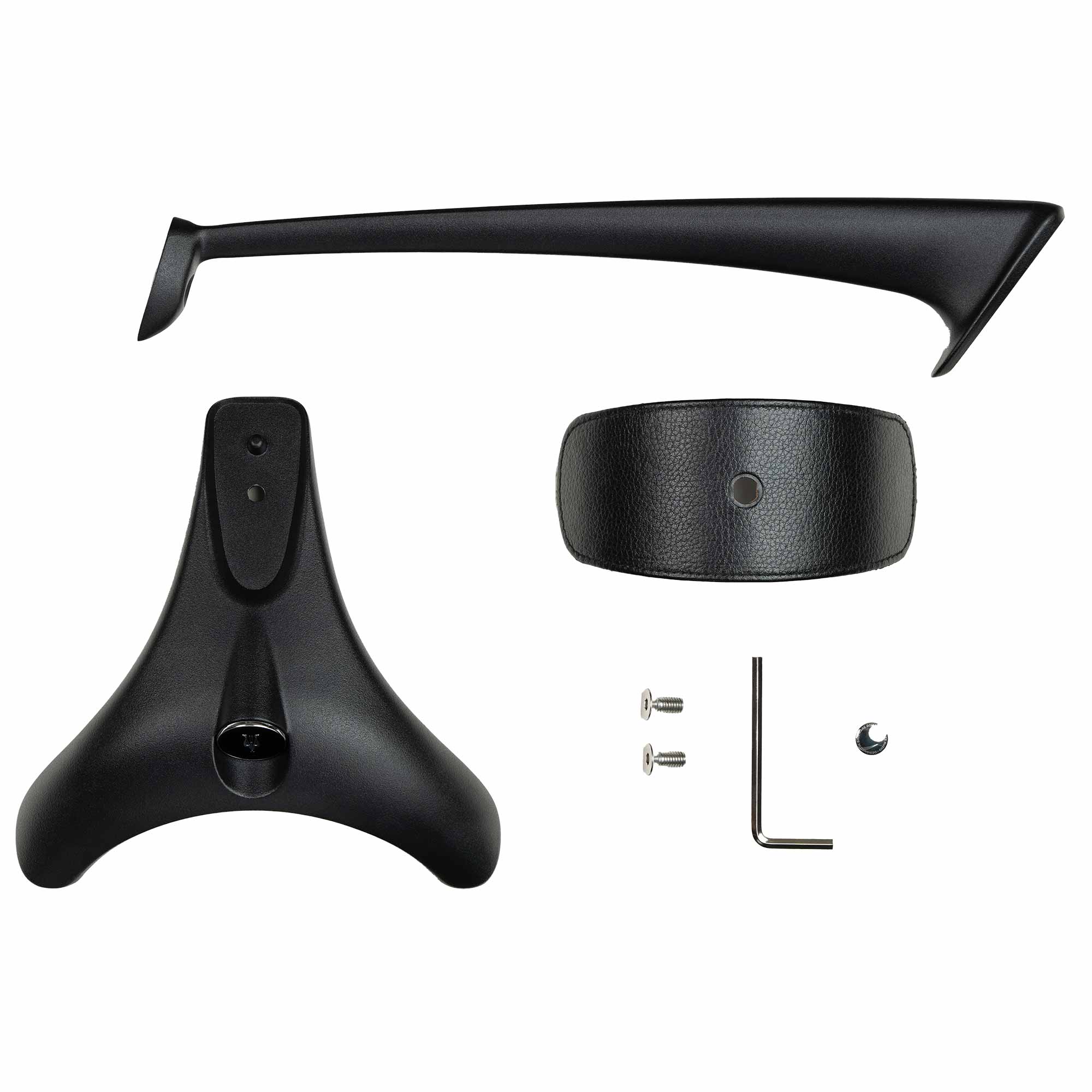 Meze Manta Headphone Stand parts including base, arm, leather strap, screws, and hex key on white background