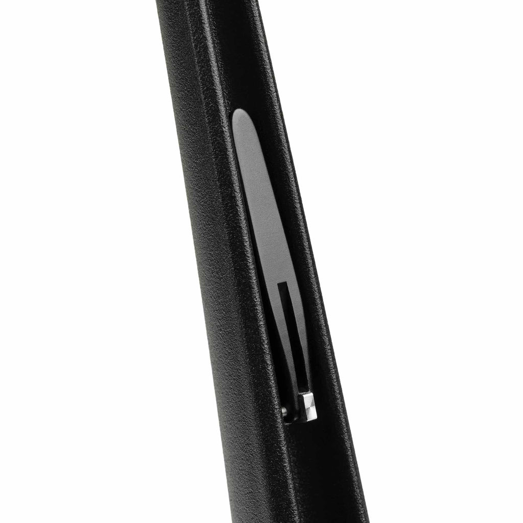 Close-up of the retractable cable hanger detail on the black Meze Manta Headphone Stand with vegan leather texture