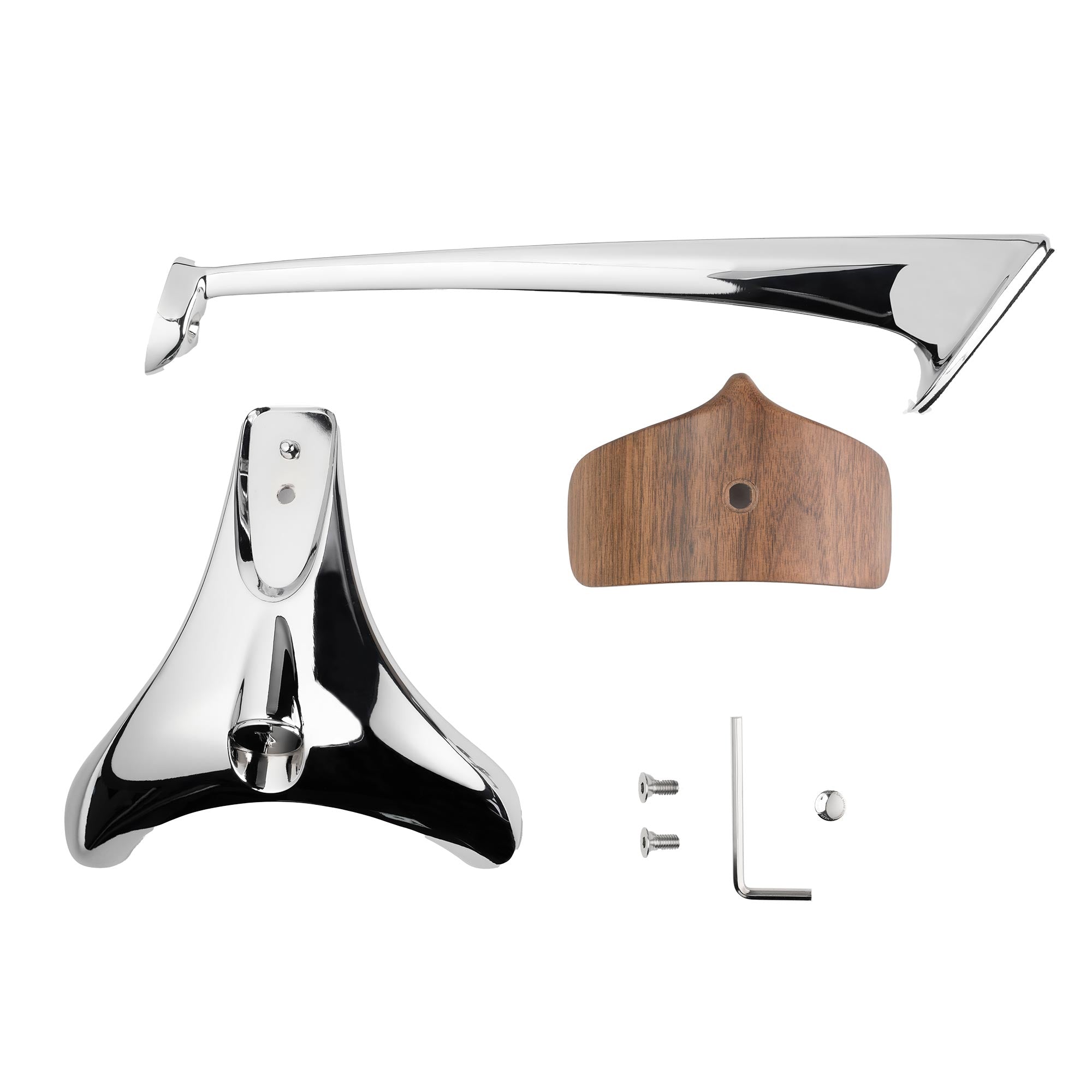 Disassembled Meze Manta Chrome Headphone Stand showing chrome parts, wooden piece, screws, and hex key on white background