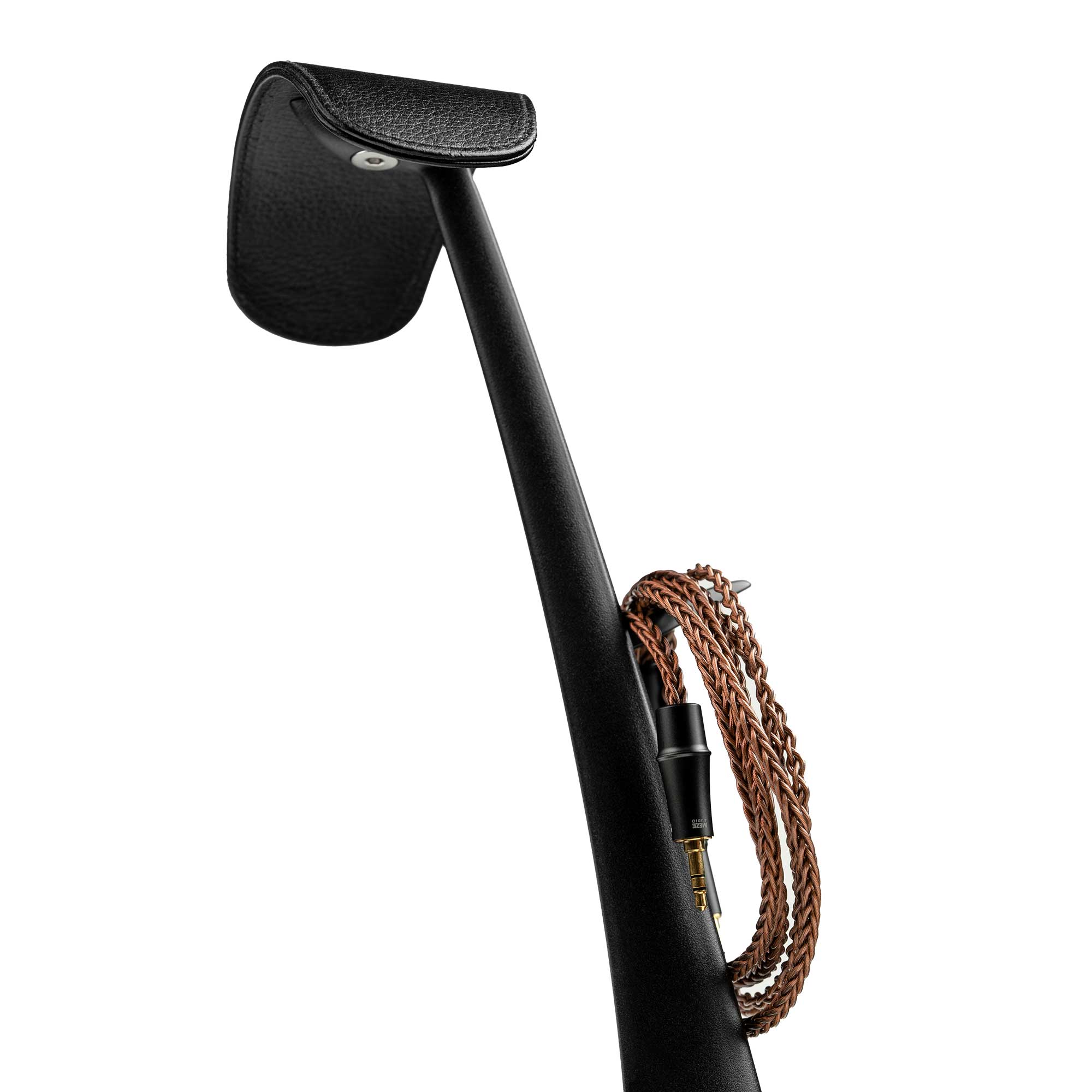 Close-up of the Meze Manta Headphone Stand showing the retractable cable hanger with braided cable wrapped around it