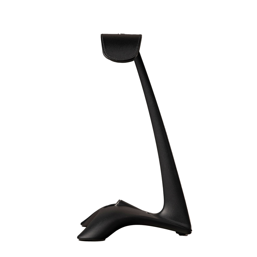Meze Manta Headphone Stand in black with sleek curved design and retractable cable hanger on white background