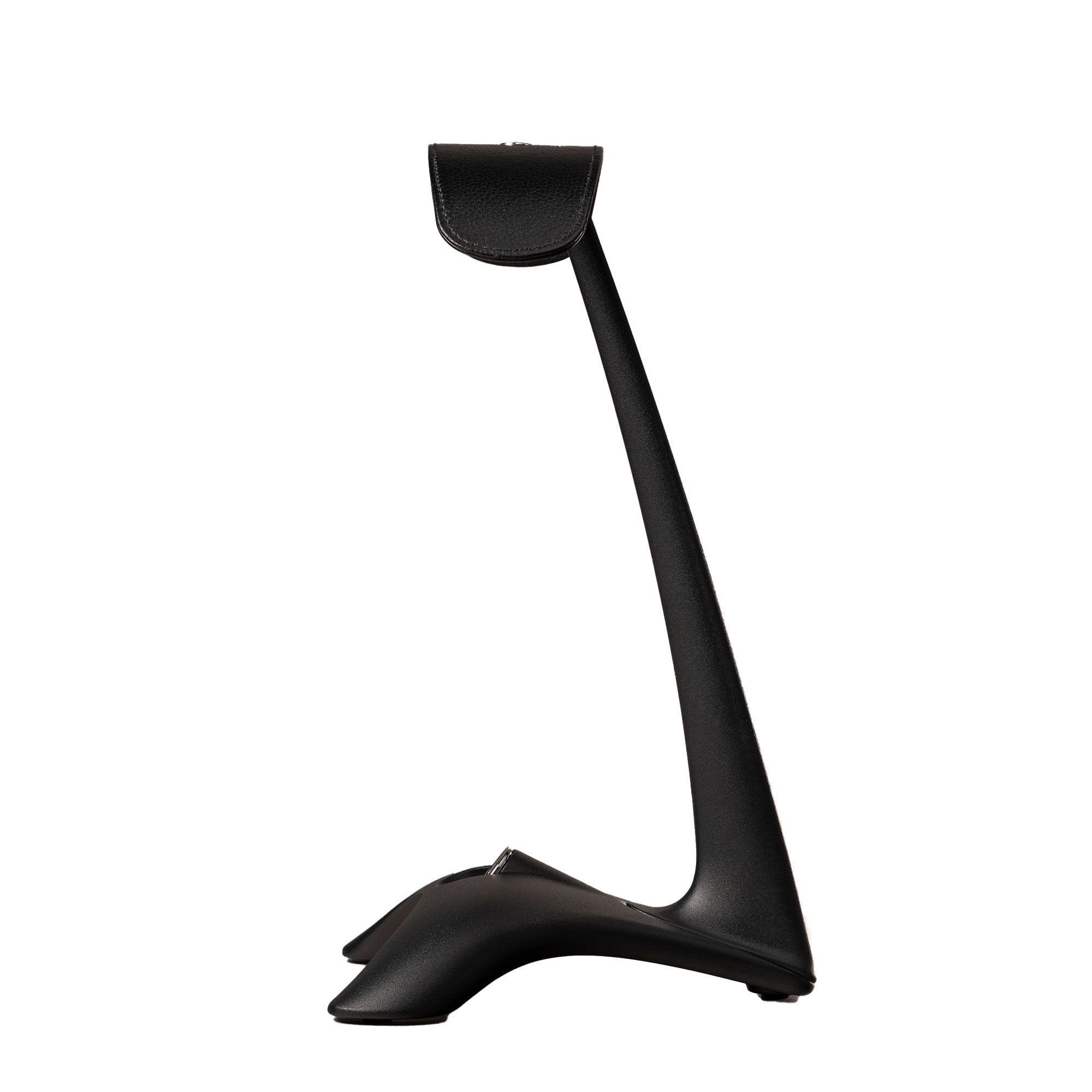 Meze Manta Headphone Stand in black with sleek curved design and retractable cable hanger on white background