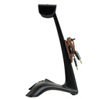 Meze Manta Headphone Stand in black with cable hanger holding brown braided audio cable on white background