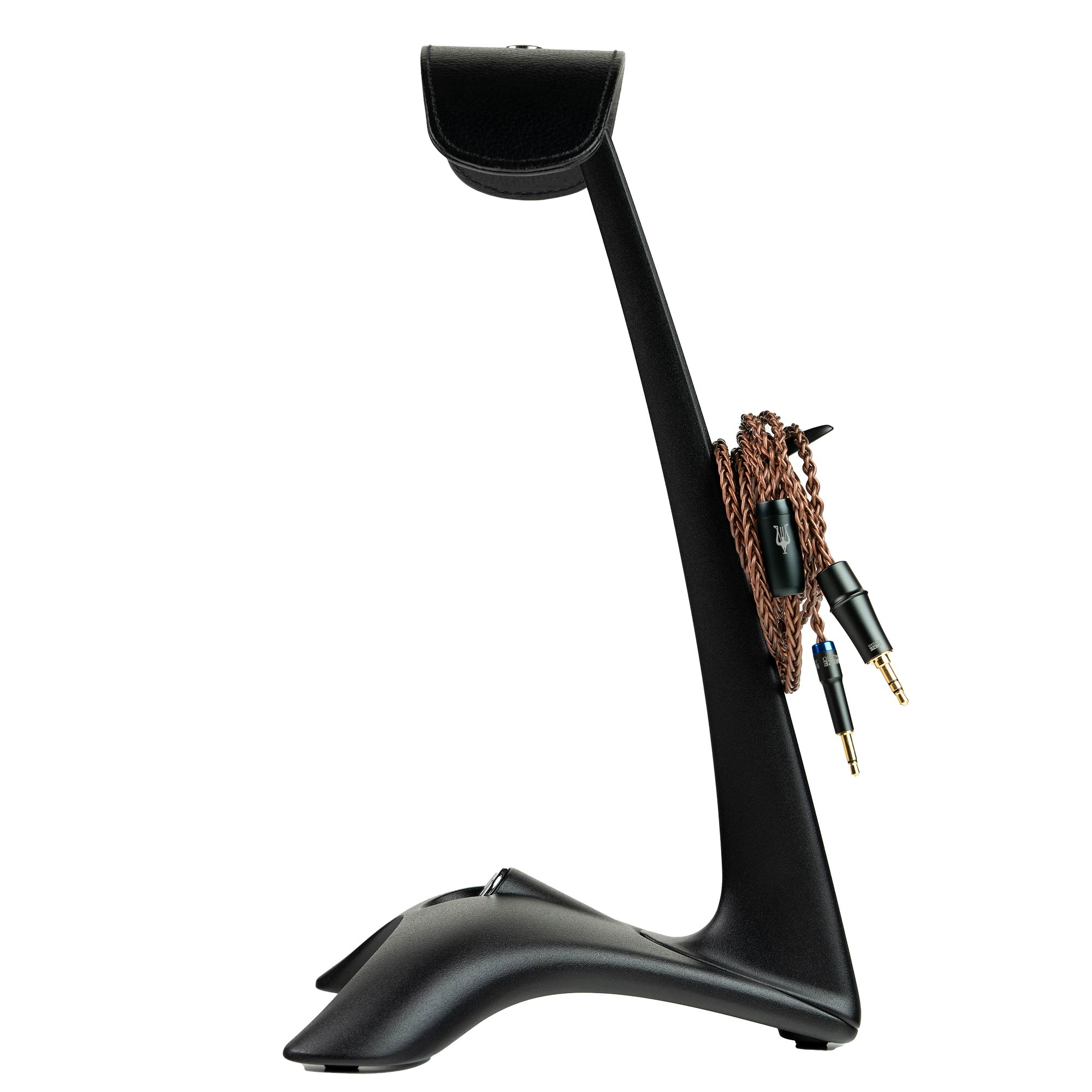 Meze Manta Headphone Stand in black with cable hanger holding brown braided audio cable on white background