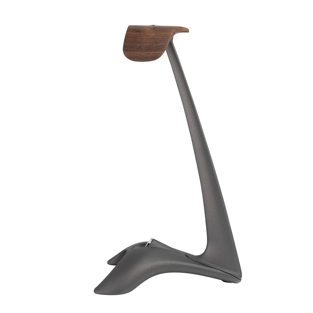 Meze Elite + Manta Tungsten Premium Bundle headphone stand with tungsten finish and wooden holder on white background