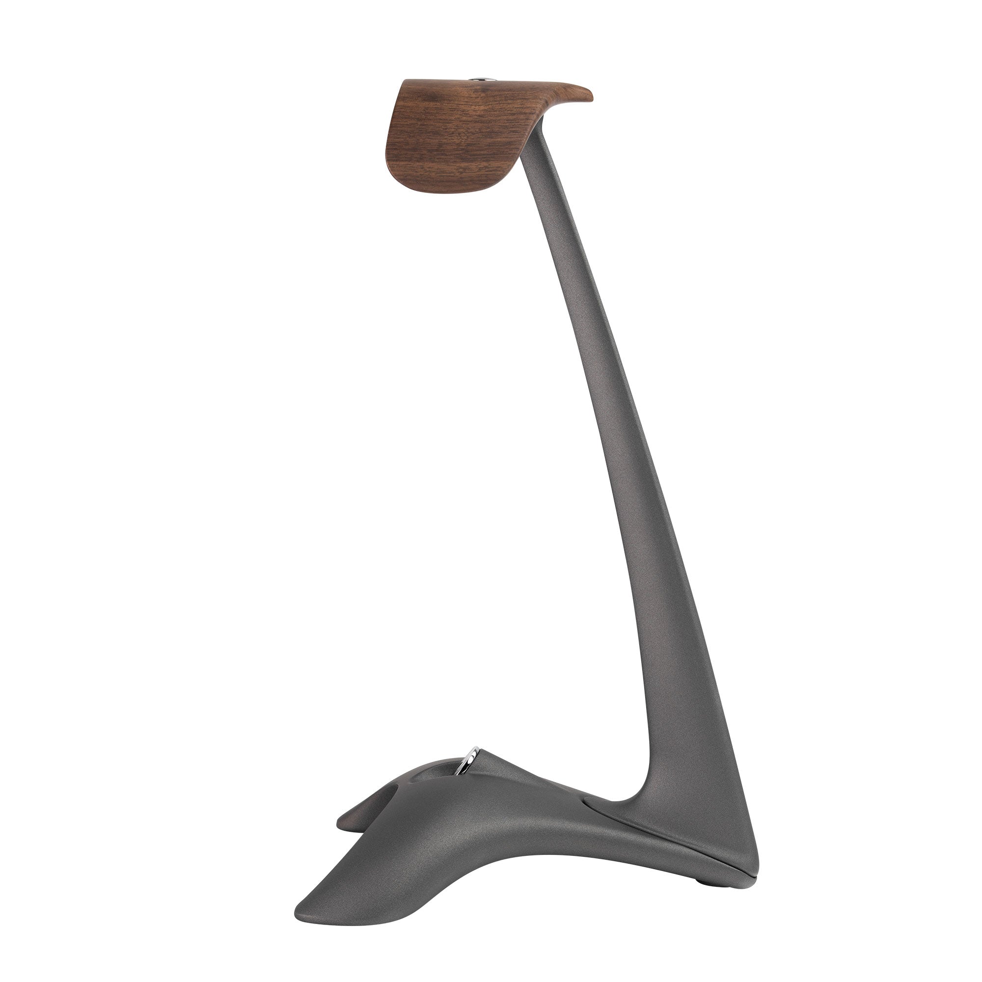 Meze Elite + Manta Tungsten Premium Bundle headphone stand with tungsten finish and wooden holder on white background