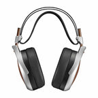 Meze POET Open-Back Planar Headphone front view showing black ear pads and silver frame on white background
