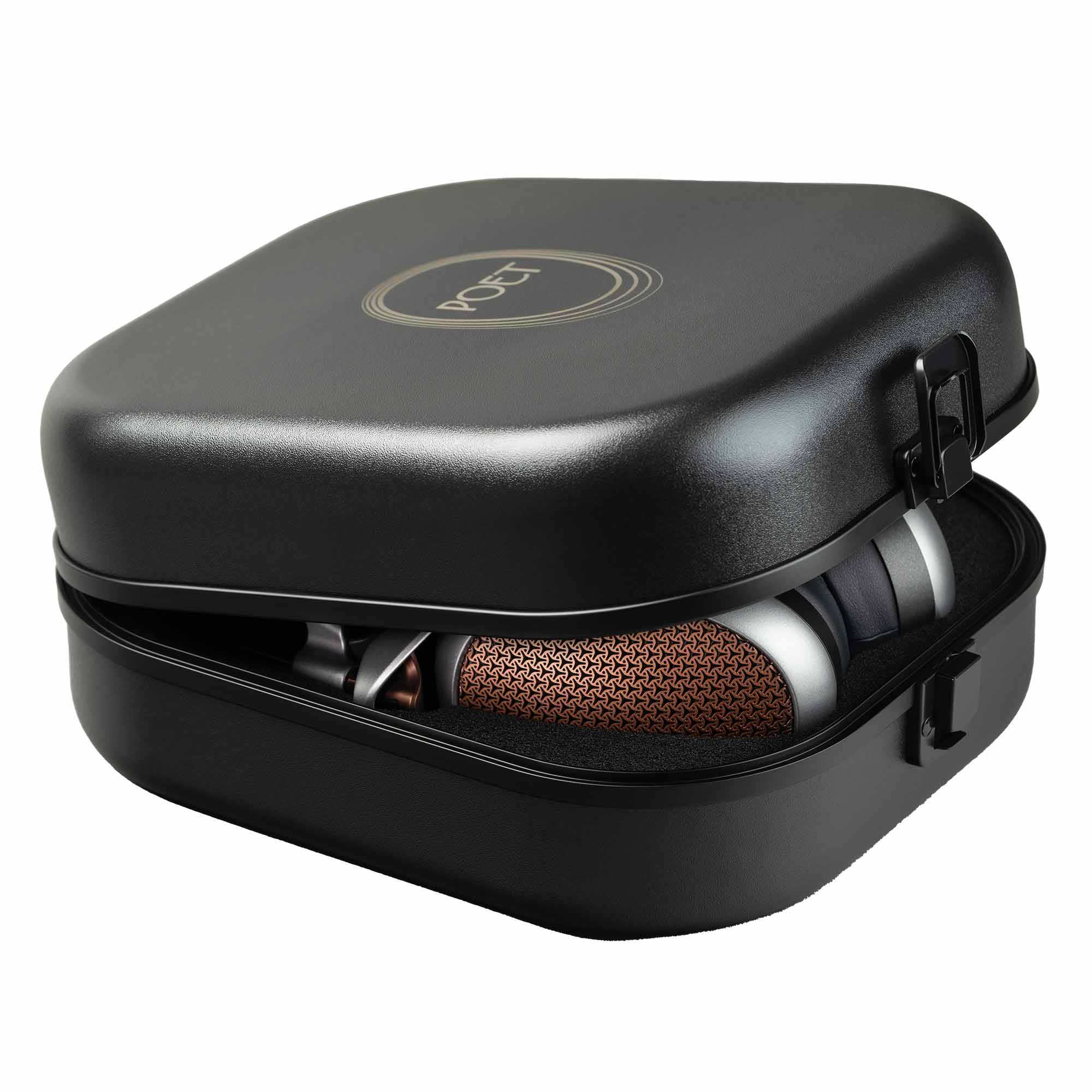 Meze POET Open-Back Planar Headphone partially visible inside a sleek black protective carrying case with logo on lid