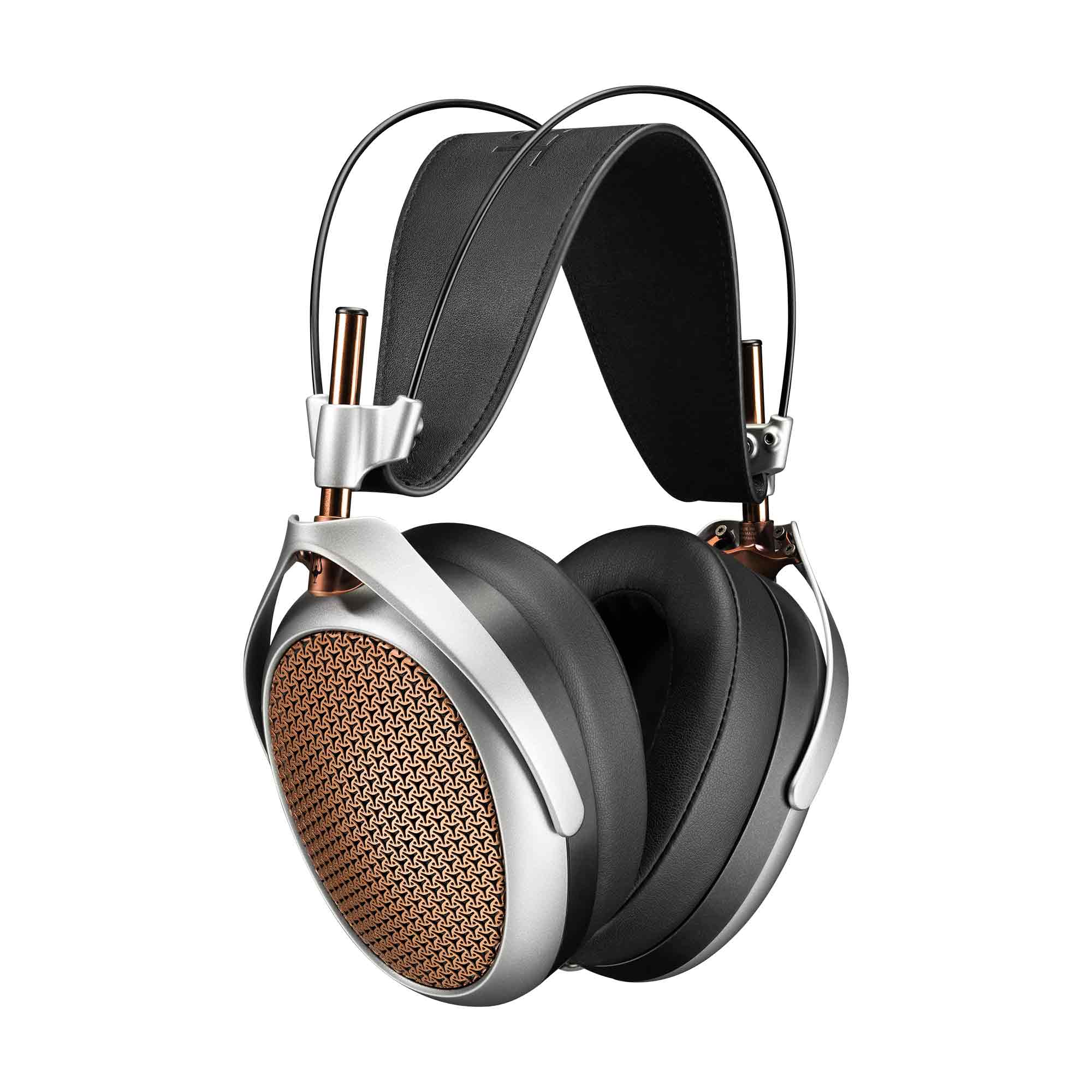 Meze POET Open-Back Planar Headphone with black leather headband and bronze mesh ear cups on white background