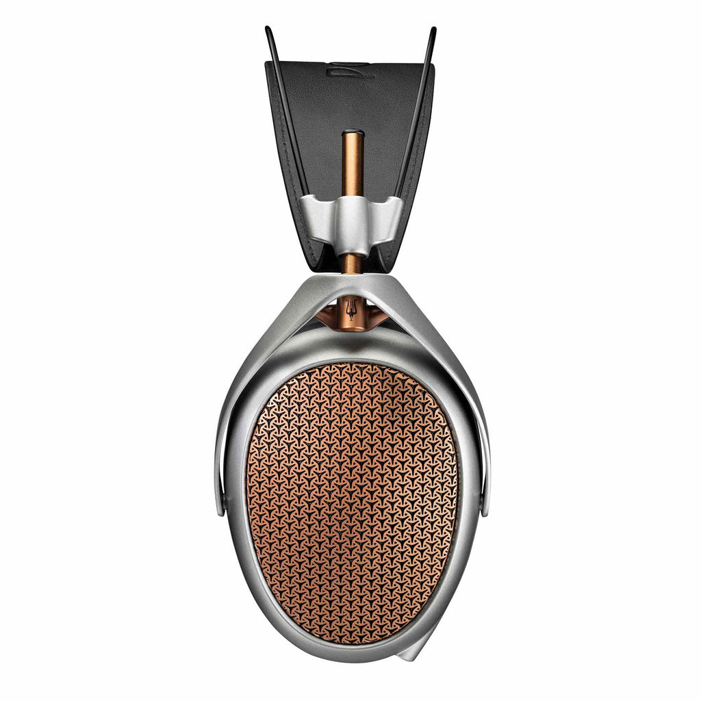 Close-up of Meze POET Open-Back Planar Headphone showcasing copper grille and silver frame on white background