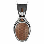 Close-up of Meze POET Open-Back Planar Headphone showcasing copper grille and silver frame on white background