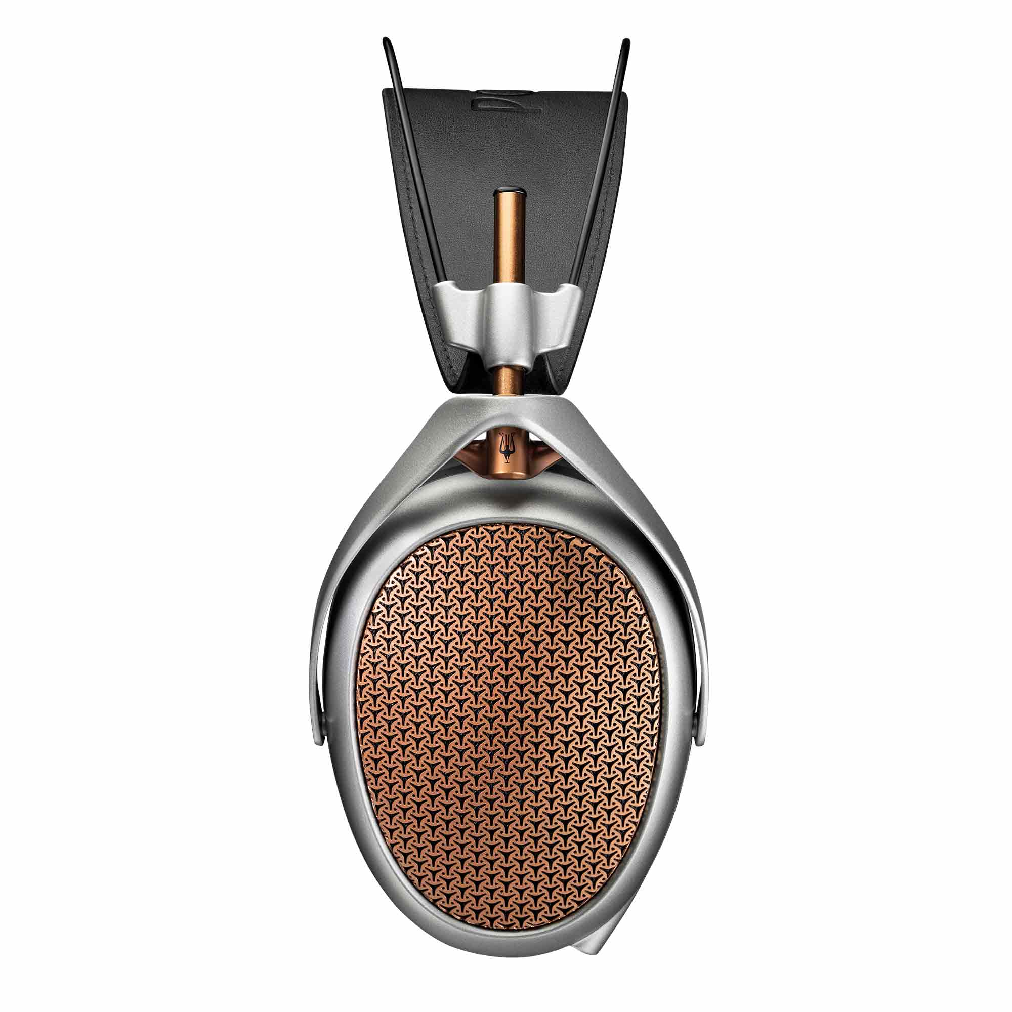 Close-up of Meze POET Open-Back Planar Headphone showcasing copper grille and silver frame on white background