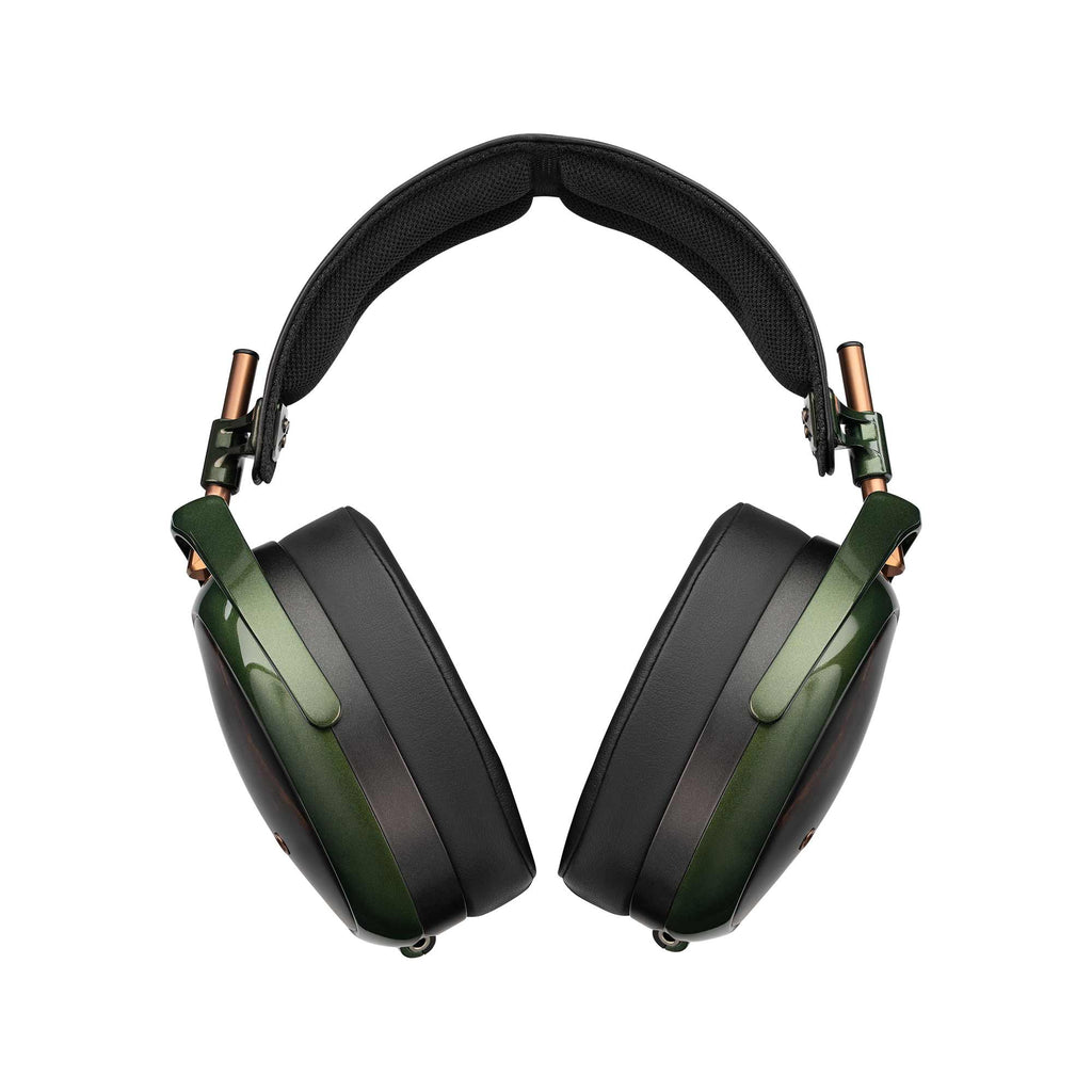 Meze STRADA Closed-Back Dynamic Headphones rear view highlighting green metal frame and black cushioned ear cups