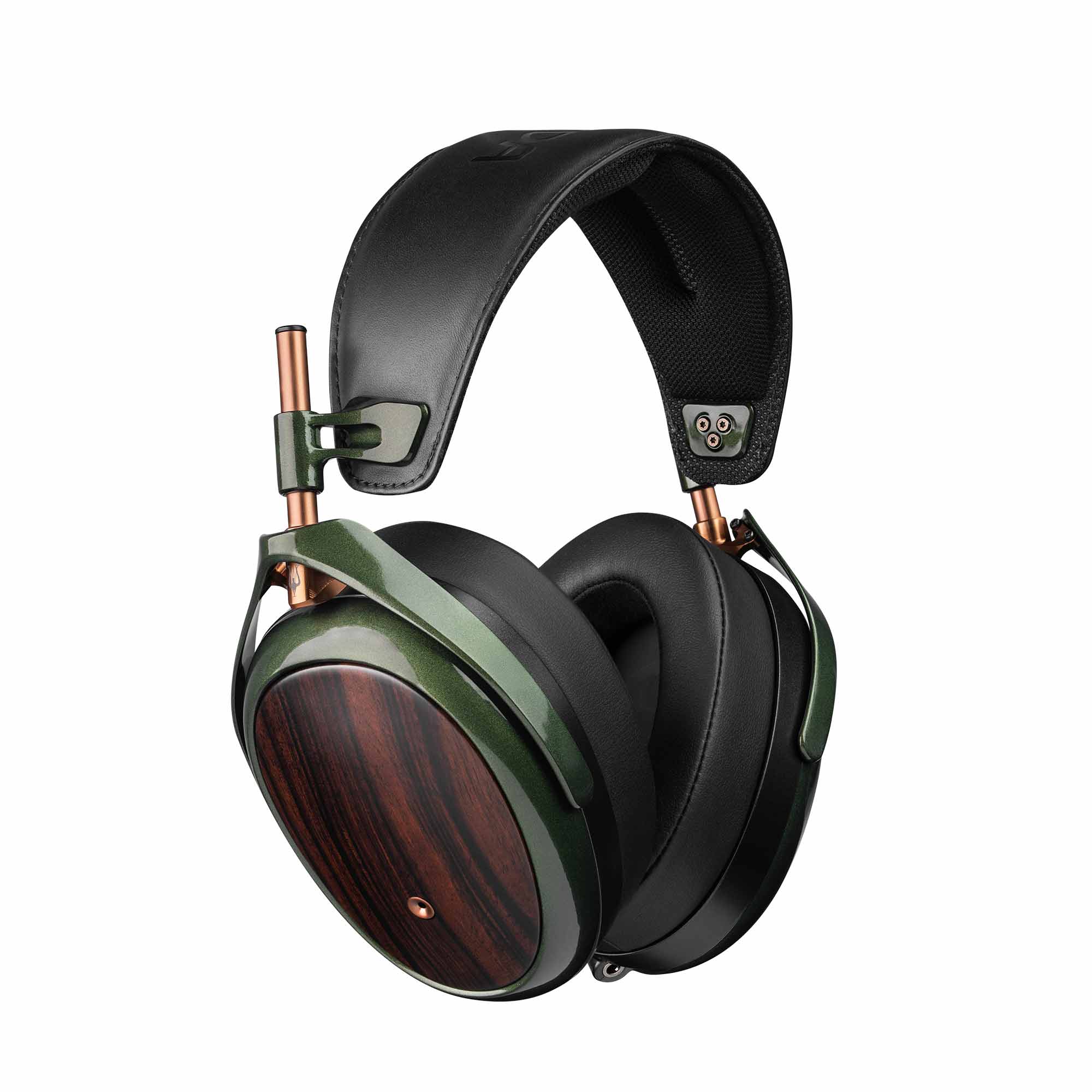 Meze STRADA Closed-Back Dynamic Headphones angled view showcasing wood ear cups and leather headband on white background