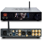 Front and rear views of Mytek Brooklyn Bridge II ROON music streamer and DAC with display and multiple audio inputs and outputs