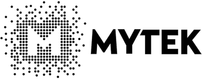 MYTEK logo with a pixelated, dot-matrix M design on the left and bold black MYTEK text on the right. The dots around the M fade outward.