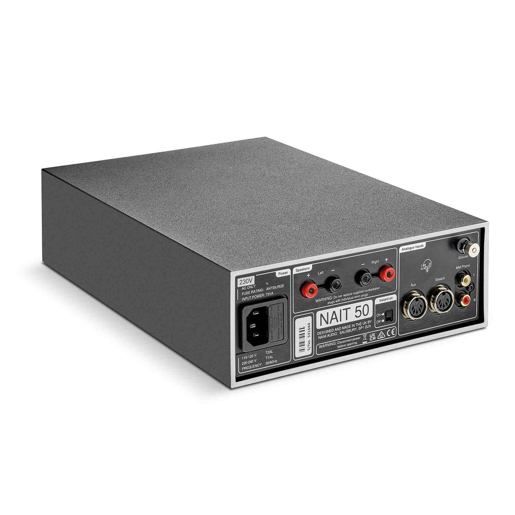 Rear view of the NAIM NAIT 50 Integrated Amplifier showing input and output connectors on white background