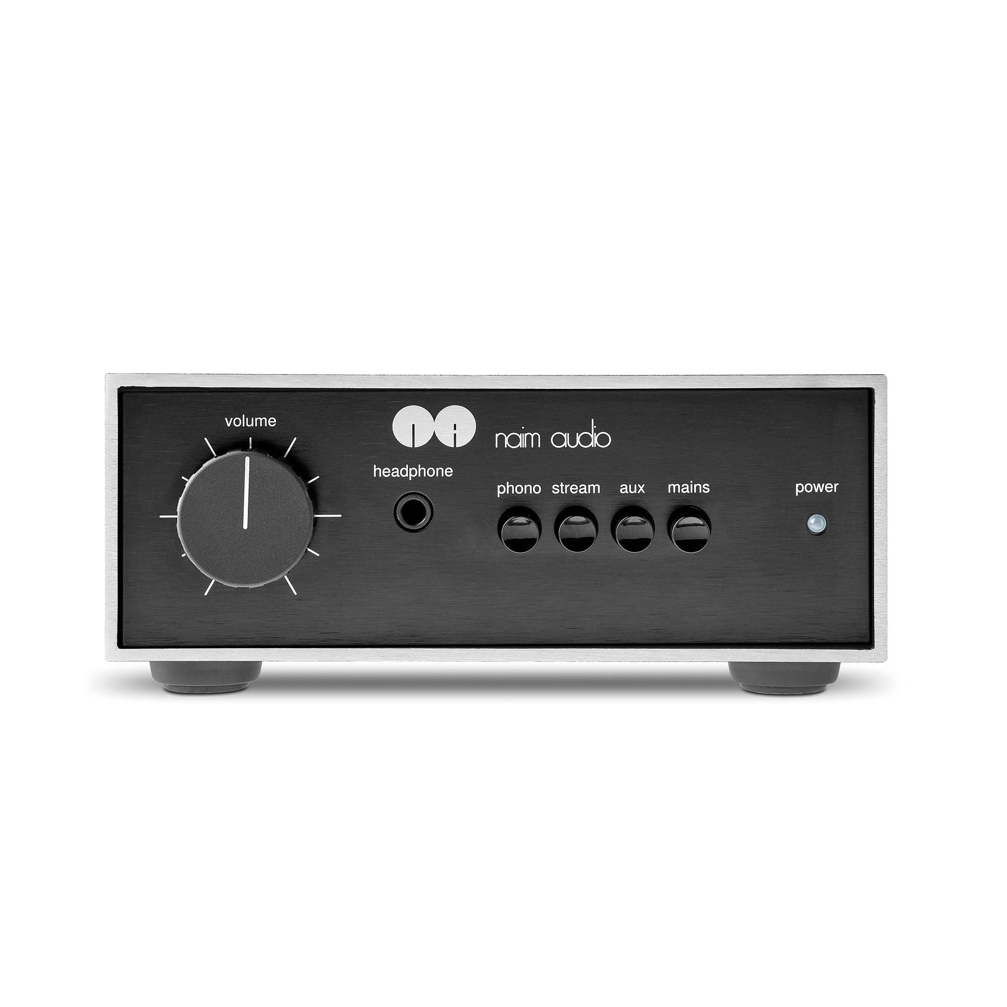 Front view of the NAIM NAIT 50 Integrated Amplifier with volume knob and input selection buttons on white background