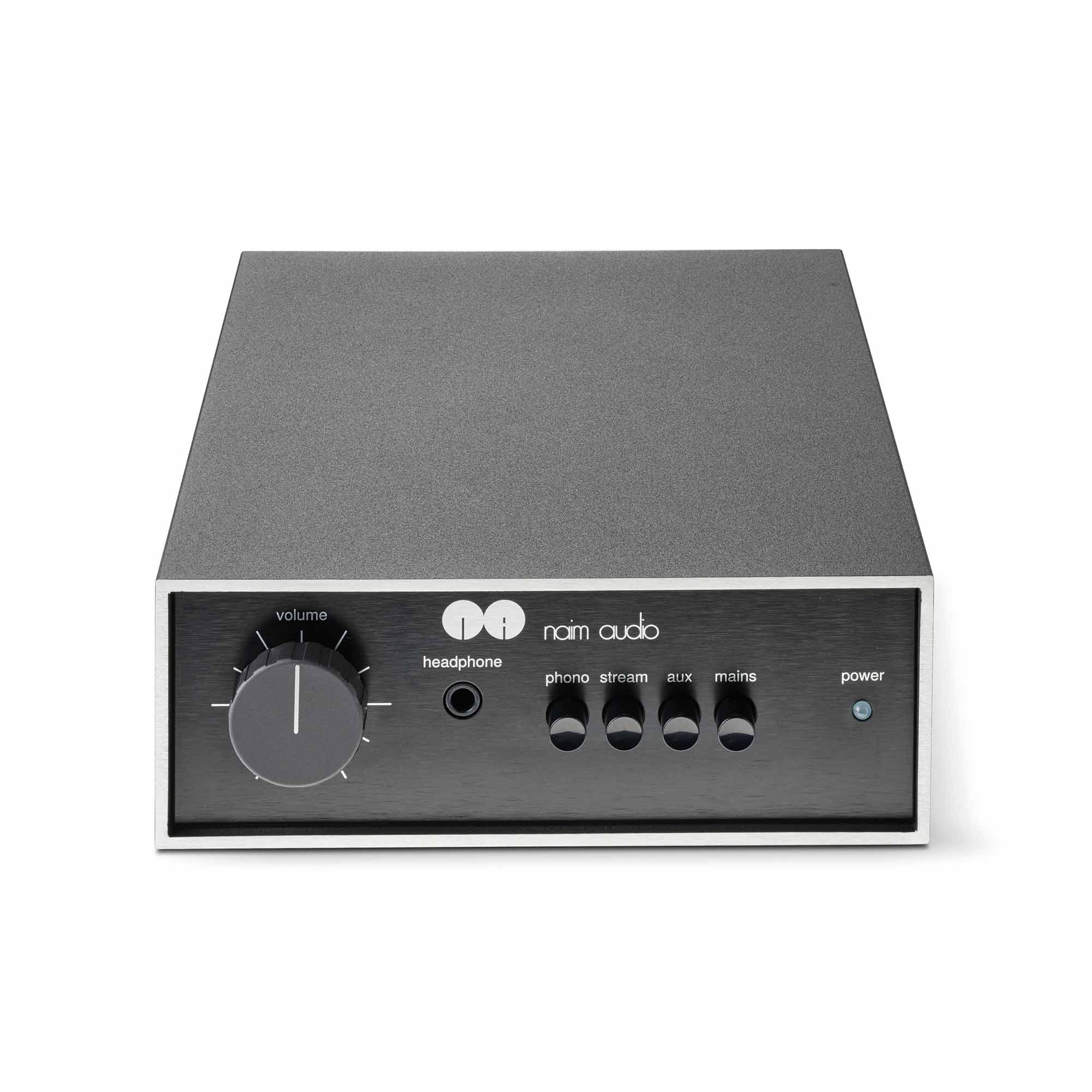 Front view of the NAIM NAIT 50 Integrated Amplifier showing volume knob, headphone jack, and input selector buttons on white background