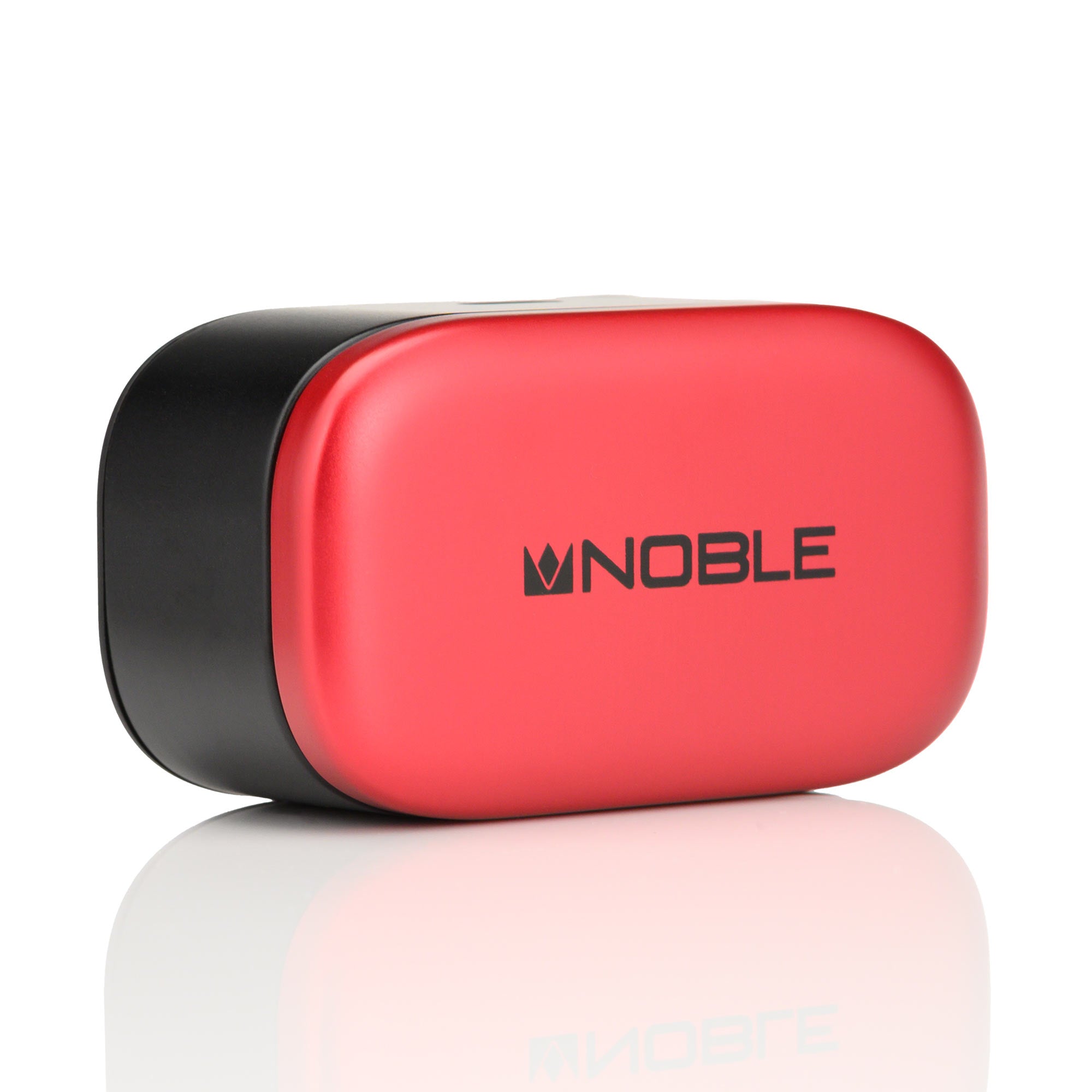 Noble Audio FoKus Amadeus TWS red charging case with black base on reflective white background