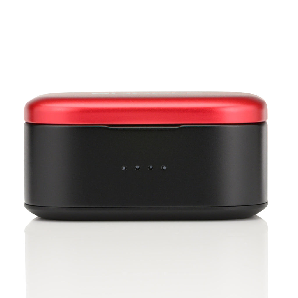Noble Audio FoKus Amadeus TWS charging case with red lid and black base on white background