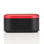 Noble Audio FoKus Amadeus TWS charging case with red lid and black base on white background