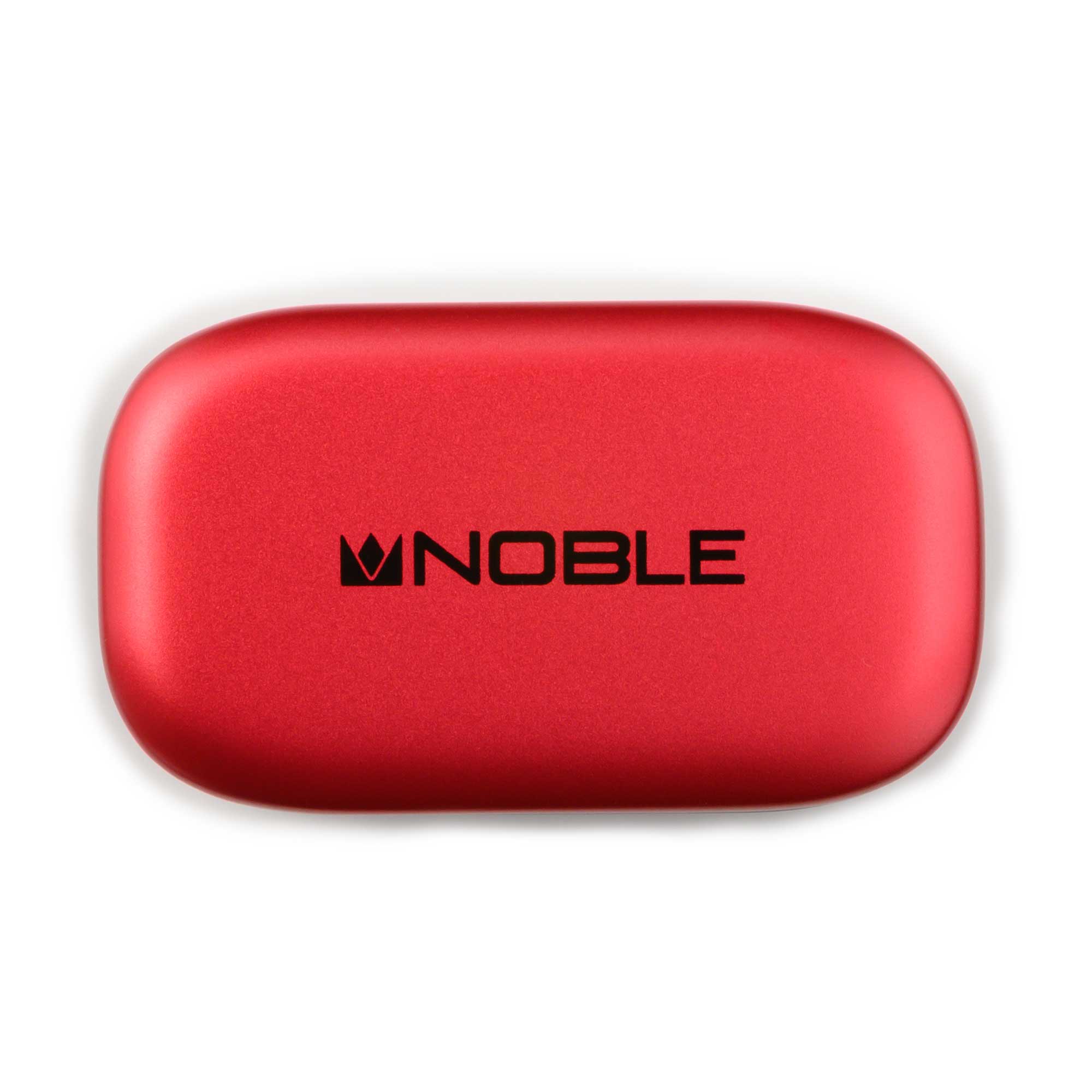 Red charging case with black Noble logo for Noble Audio FoKus Amadeus TWS on white background