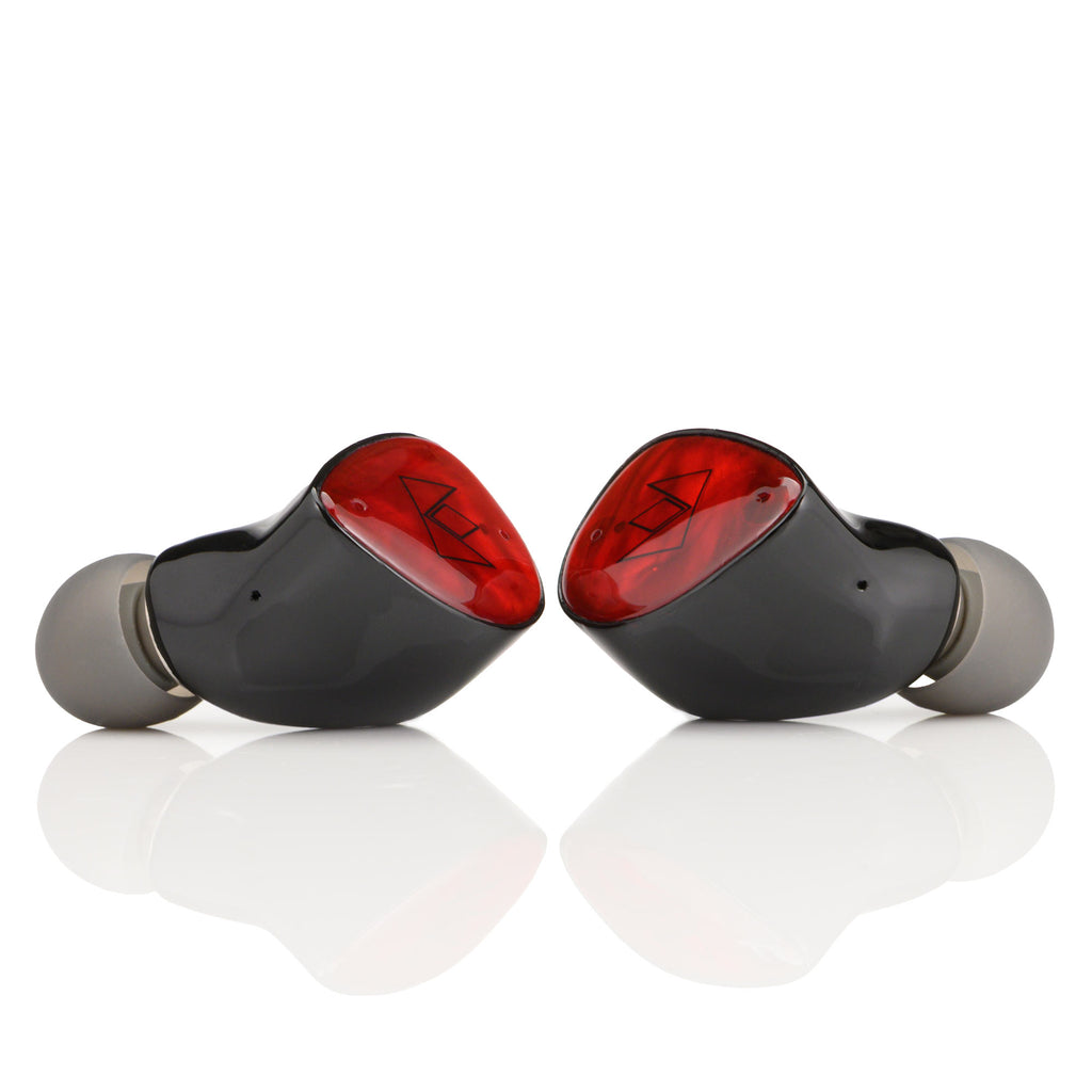 Noble Audio FoKus Amadeus TWS wireless in ear monitors with red and black glossy finish on white background