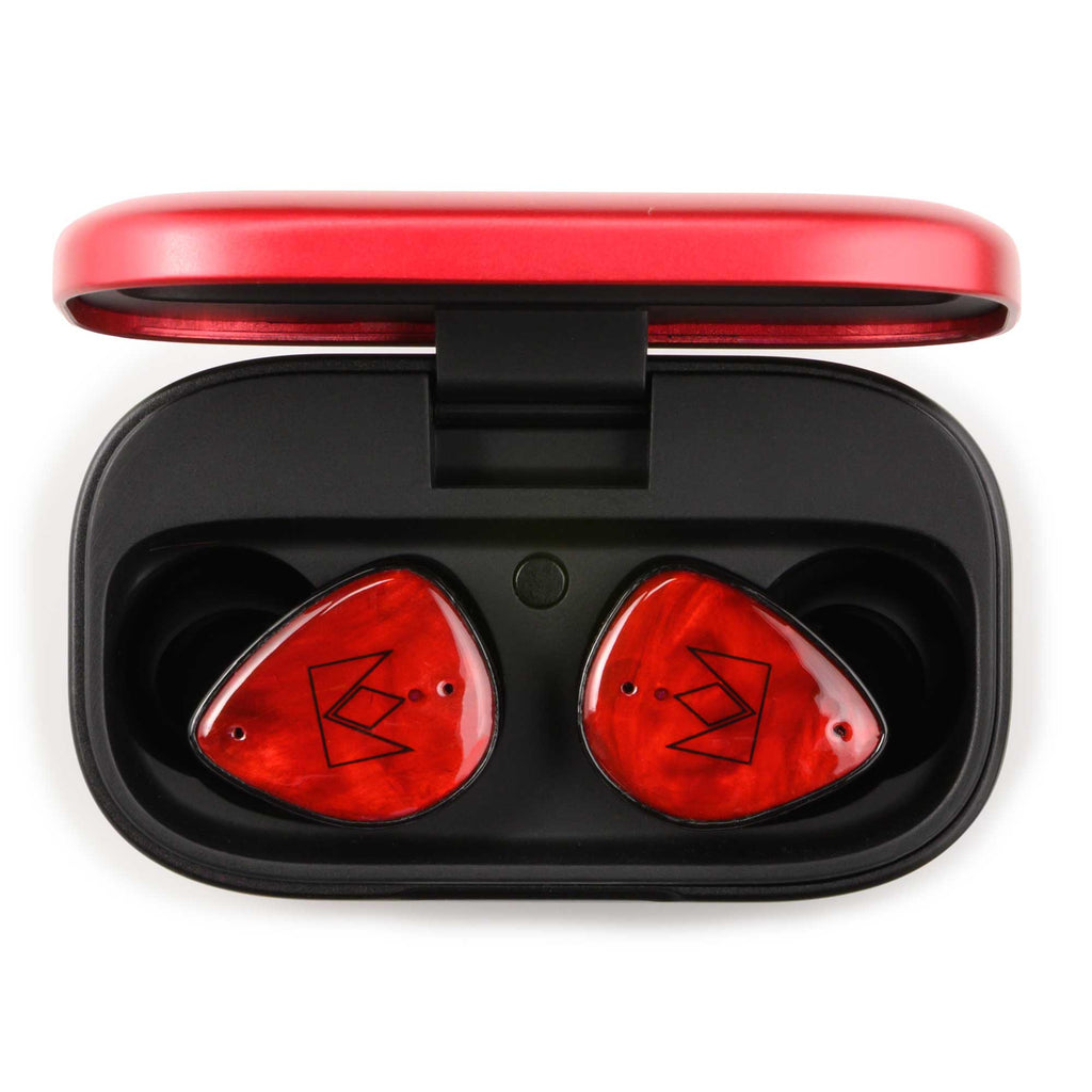 Noble Audio FoKus Amadeus TWS wireless earbuds in red with charging case on white background
