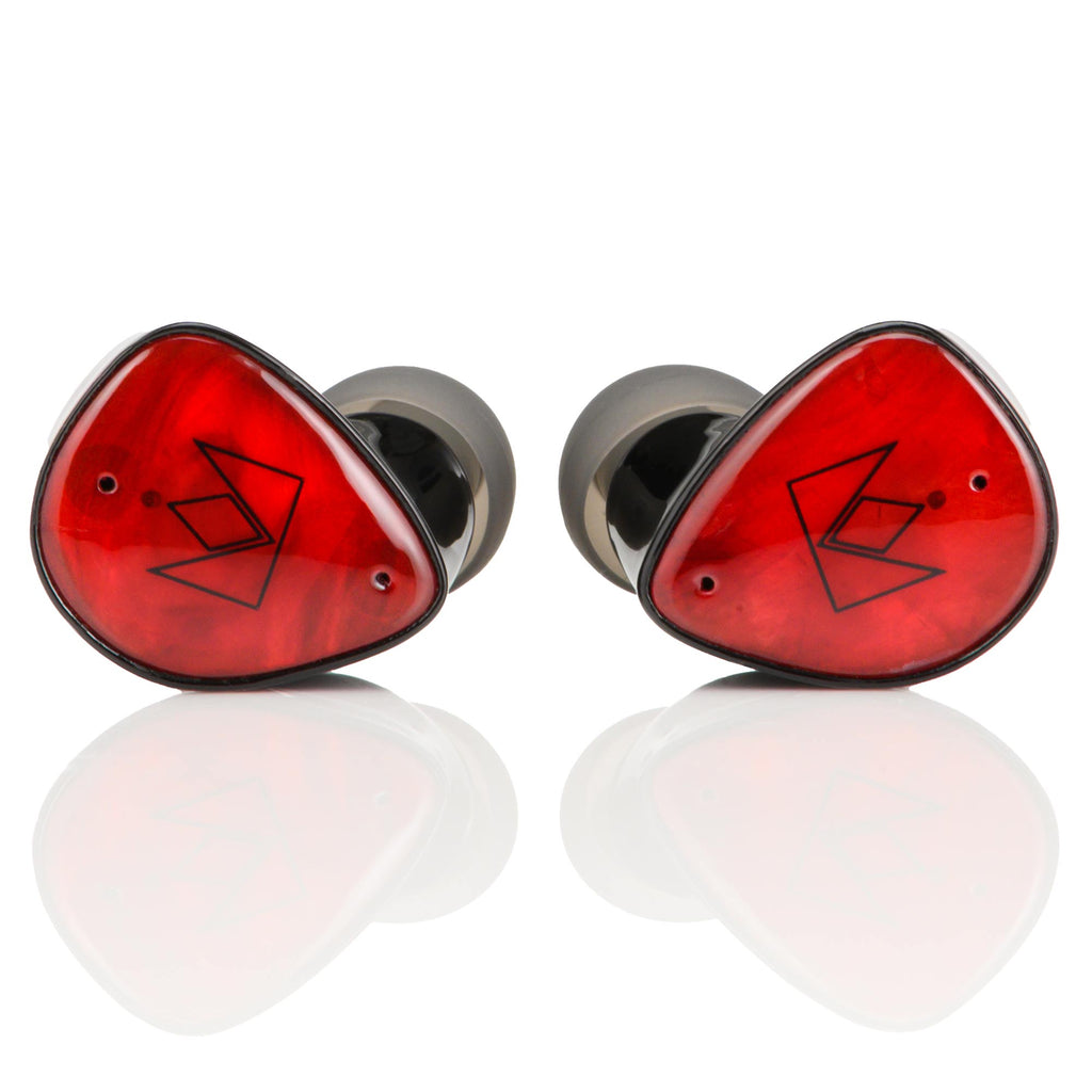 Noble Audio FoKus Amadeus TWS wireless in-ear monitors with red glossy finish and black logo on white background