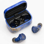 Noble Audio FoKus Prestige Wireless IEM in blue and gold finish with charging case on white background