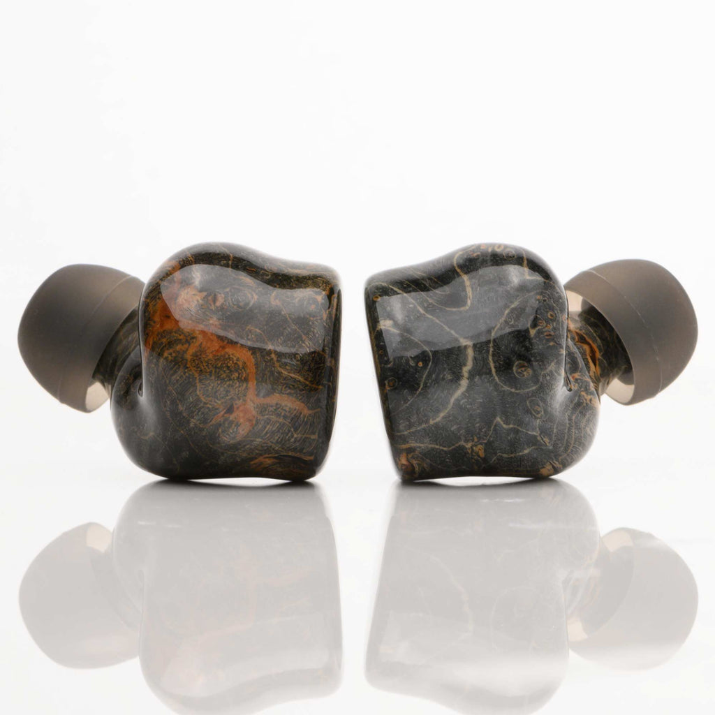 Noble Audio FoKus Prestige Wireless IEM with black and brown marbled design and silicone ear tips on white background