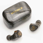 Noble Audio FoKus Prestige Wireless IEM earbuds and charging case with wood grain finish on white background